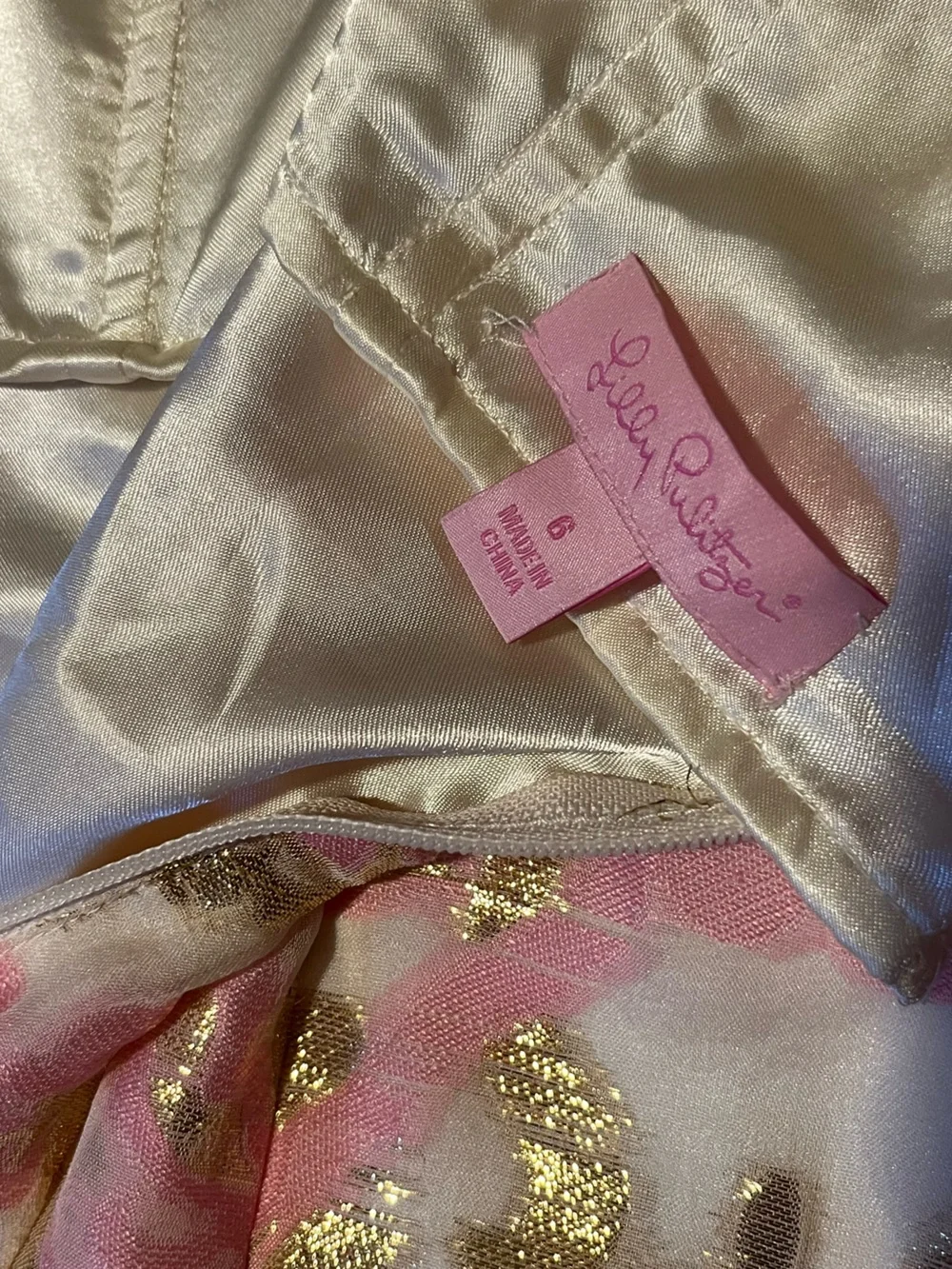 Lilly Pulitzer Strapless Pink, Gold and Cream Floral Brocade Dress - Picture 5 of 7